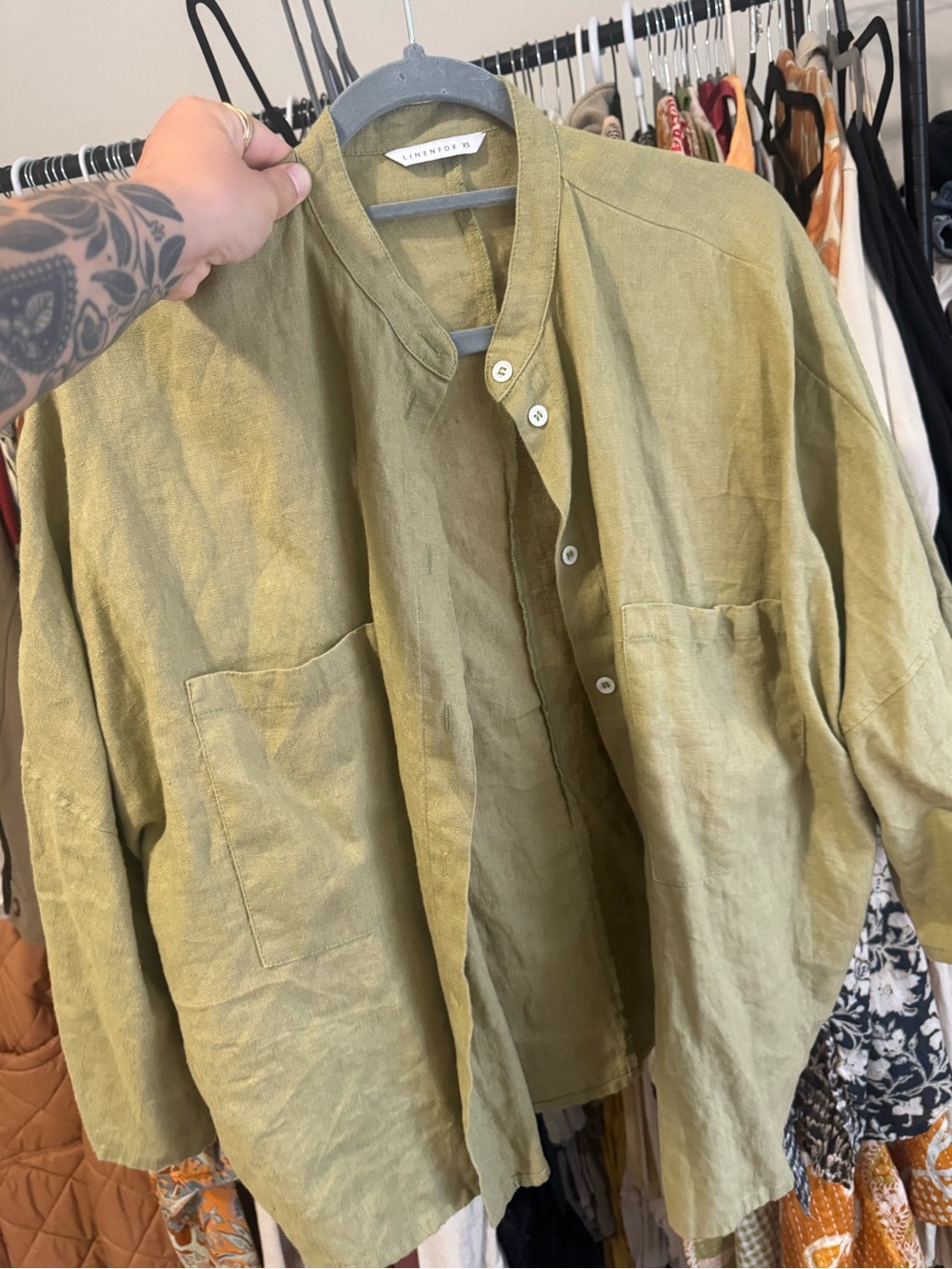 Linenfox Olive Linen Band-Collar Button-Down Shirt